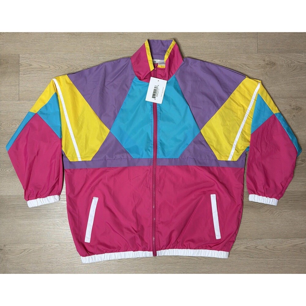 NWT Funny Guy Mugs Retro 80s 90s Colorblock Windbreaker Jacket Pink Teal Size L